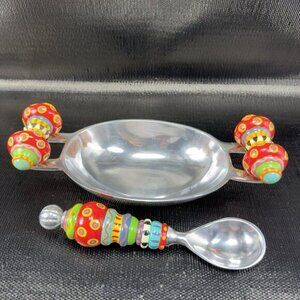 Southcoast Chrome Metal‎ Serving Trinket Bowl W Bead Handles And Spoon Set VTG
